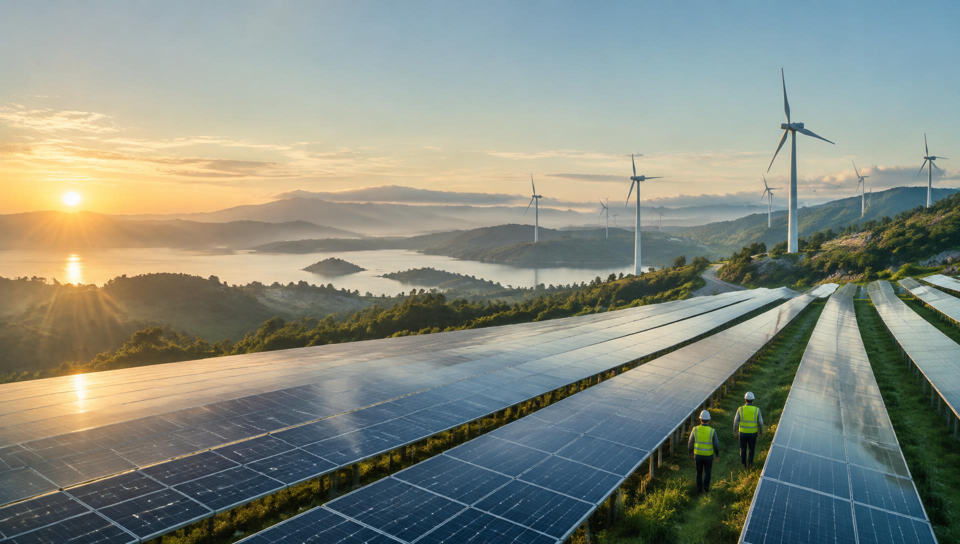 Solar panels and wind turbines across a large renewable energy landscape